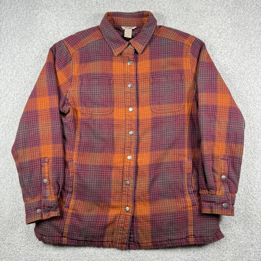 Duluth Trading Co Shirt Jacket Women L Orange Plaid Quilted Flannel Insulated - Picture 2 of 8